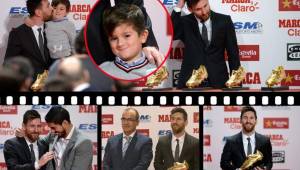 Thiago, el hijo mayor de Messi y Antonella Rocuzzo, eposa de Leo, fueron protagonistas en el evento donde se premió al jugador del Barcelona con la Bota de Oro tras ser el mejor goleador europeo del 2016.
