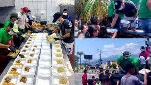 Los argentinos del Marathón, Bruno Volpi y Esteban Espíndola, dejaron la comodidad de sus apartamentos y se fueron a ayudar al presidente del club verdolaga, Orinson Amaya, para repartir comida en barrios marginales de San Pedro Sula. (Fotos: Jimy Barahona)