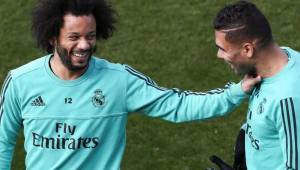 Marcelo y Casemiro en el entrenamiento del Real Madrid.