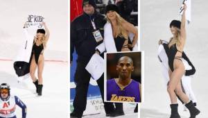 La modelo estadounidense que invadió la final de la Champions League pasada, Kinsey Wolanski, ahora hace lo mismo en una competencia de esquí por Kobe Bryant.