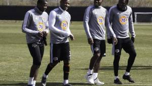 Los hondureños del Houston Dynamo, Boniek García, Romell Quioto, Maynor Figueroa y Alberth Elis en el entrenamiento de este miércoles. Foto cortesía Deporte Total