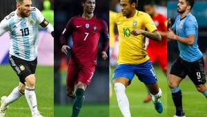 Leonel Messi, Cristiano Ronlado, Neymar y Luis Suárez comandan la lista que se postulan a goleadores en el Mundial de Rusia 2018.