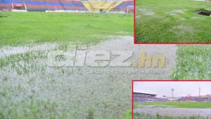 La cancha del estadio de La Ceiba se encuentra totalmente llena de agua y no está en condiciones para que se juegue el partido programado para hoy entre vida y Platense.