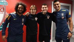 Marcelo, Luka Modric, Mateo Kovacic y Casemiro en Anfield.