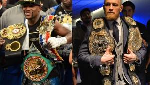 LAS VEGAS, NV - AUGUST 25: Boxer Floyd Mayweather Jr. (L) and UFC lightweight champion Conor McGregor face off during their official weigh-in at T-Mobile Arena on August 25, 2017 in Las Vegas, Nevada. The two will meet in a super welterweight boxing match at T-Mobile Arena on August 26. Ethan Miller/Getty Images/AFP== FOR NEWSPAPERS, INTERNET, TELCOS & TELEVISION USE ONLY ==