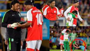 La sonrisa del fútbol llegó a Colombia para vestir la camisa de Santa Fe y medirse al Atlético Nacional en un partido amistoso de homenaje. FOTOS: AFP.