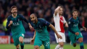 Tottenham's Brazilian forward Lucas celebrates after scoring a goal during the UEFA Champions League semi-final second leg football match between Ajax Amsterdam and Tottenham Hotspur at the Johan Cruyff Arena, in Amsterdam, on May 8, 2019. (Photo by Adrian DENNIS / AFP)