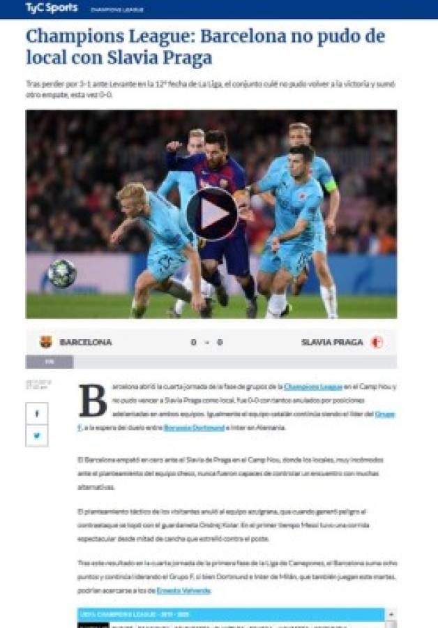 Prensa de España atiza contra Barcelona tras empate contra Slavia Praha en Champions