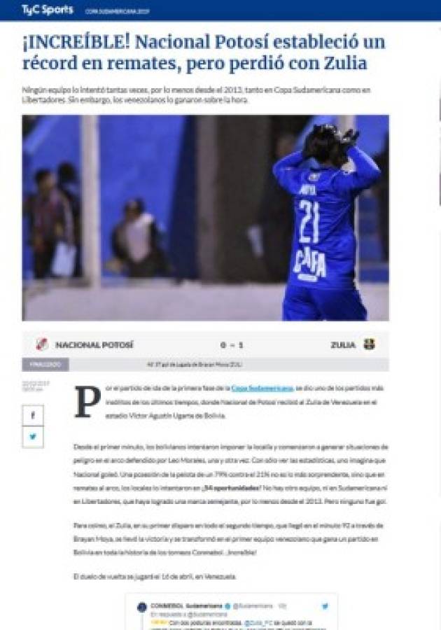 Prensa sudamericana: Bryan Moya amargó a un 'Nacional Potosí con récord de remates'