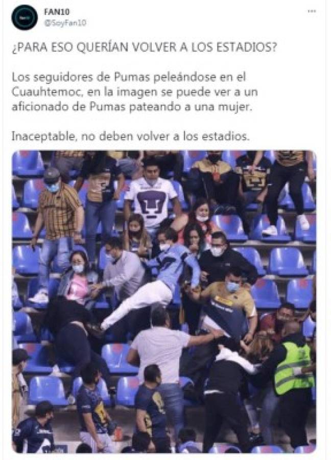 Liga MX: afición de Puebla y Pumas se pelean en las gradas; identificaron al joven que pateó a una mujer