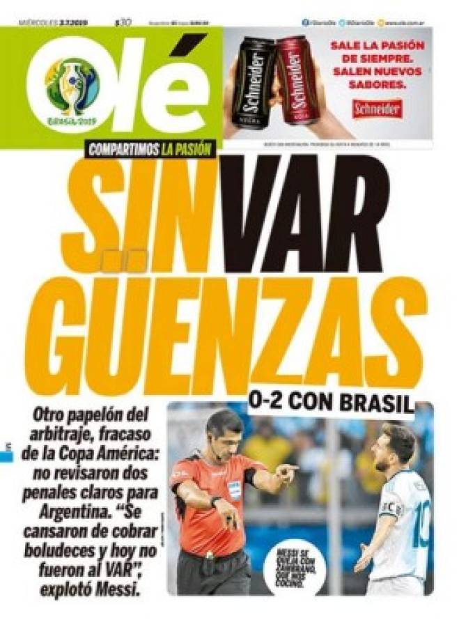 La prensa argentina culpa al árbitro de la derrota contra Brasil: 'SinVARgüenzas'  