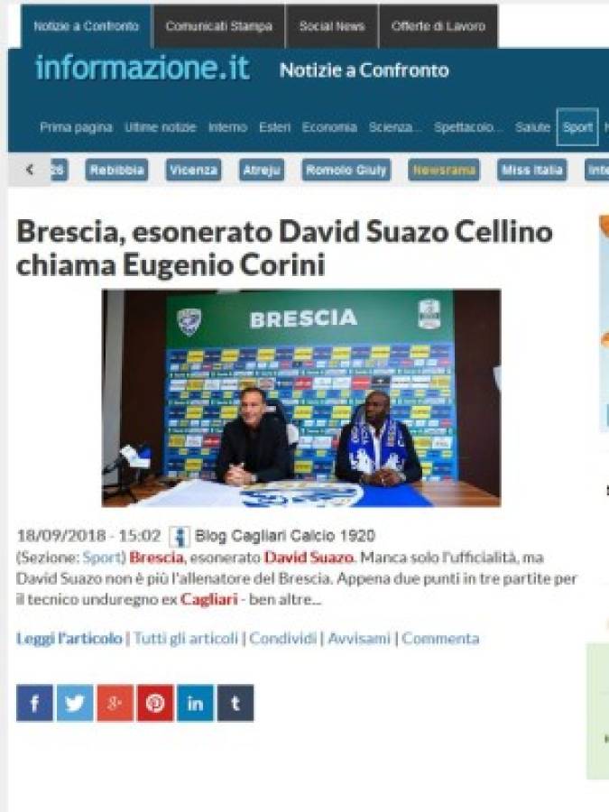 Prensa Italiana brinda los detalles de la salida de David Suazo y anuncia su sustituto