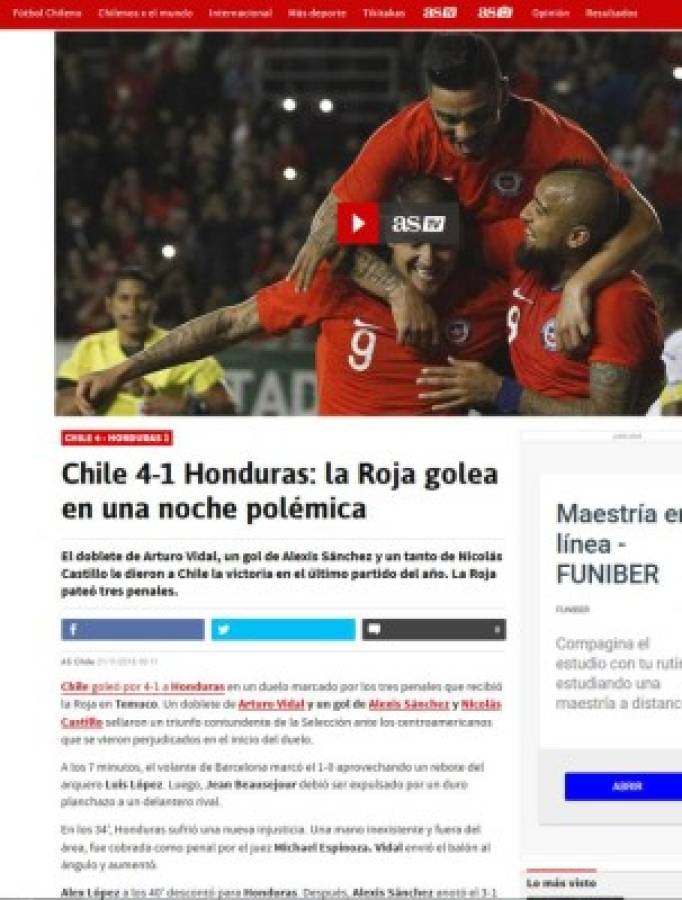 Prensa internacional: 'Polémico'y 'ridículo' triunfo de Chile ante Honduras