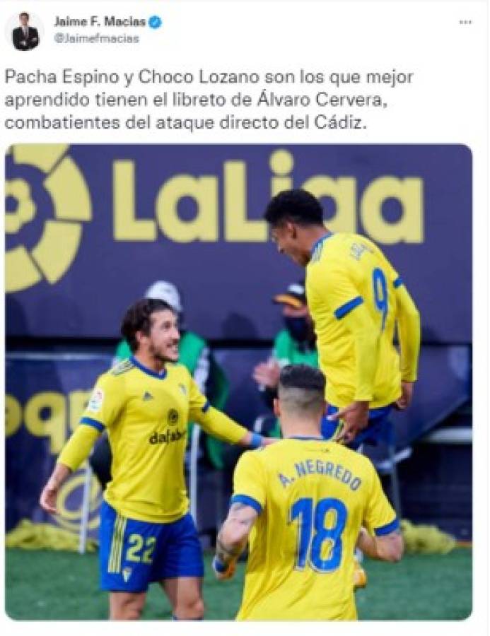 'Dinamitó el partido con movimientos top': Lo que dicen del Choco Lozano tras su nuevo gol con el Cádiz en la Liga Española