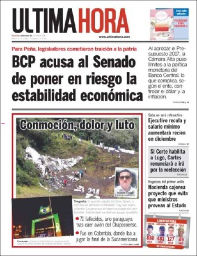 PORTADAS: ¡El mundo llora la tragedia aérea del Chapecoense!