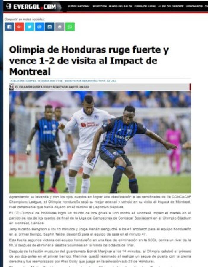 'Ruge y hace historia': Prensa internacional habla del triunfo de Olimpia sobre Impact Montreal