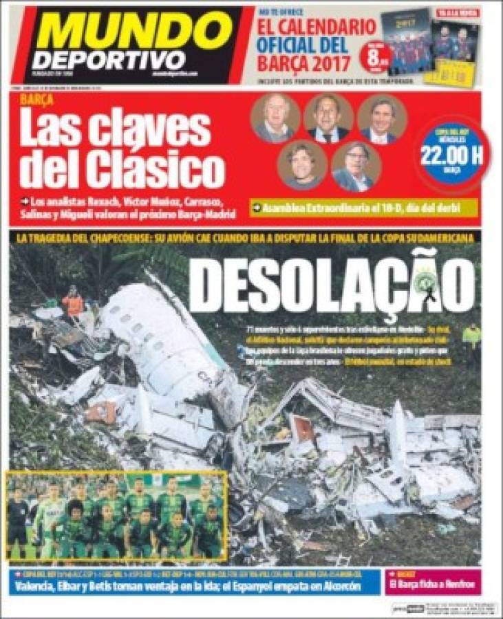 PORTADAS: ¡El mundo llora la tragedia aérea del Chapecoense!