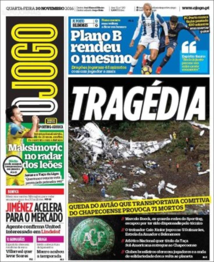 PORTADAS: ¡El mundo llora la tragedia aérea del Chapecoense!