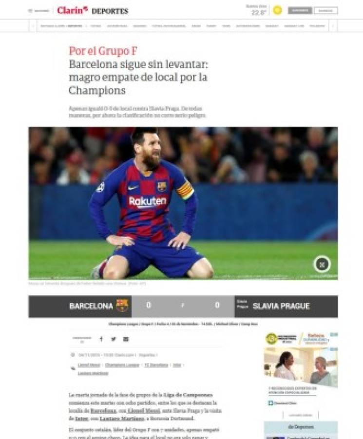 Prensa de España atiza contra Barcelona tras empate contra Slavia Praha en Champions