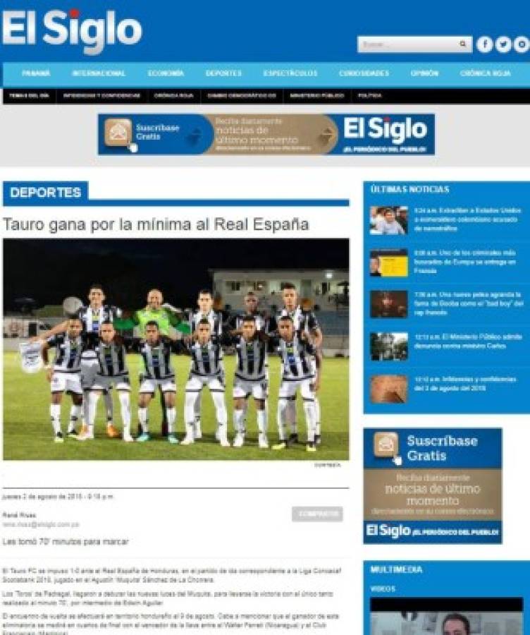 Portadas de los diarios internacionales sobre derrota de Real España ante Tauro FC