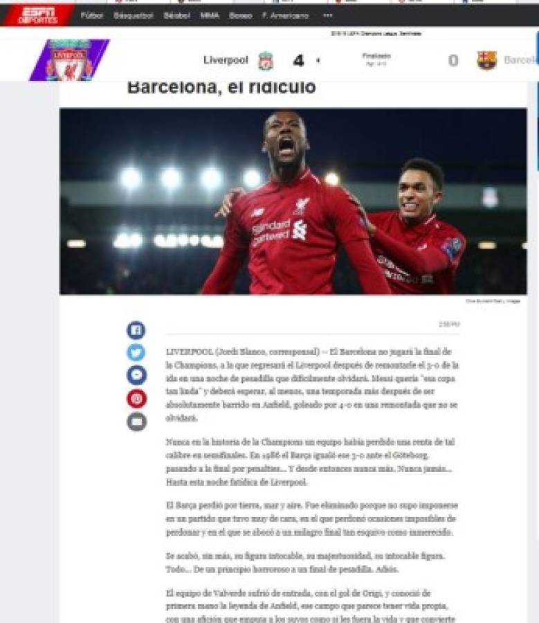 ¡Ridículo y tragedia! Así tilda la prensa mundial la eliminación del Barcelona ante Liverpool