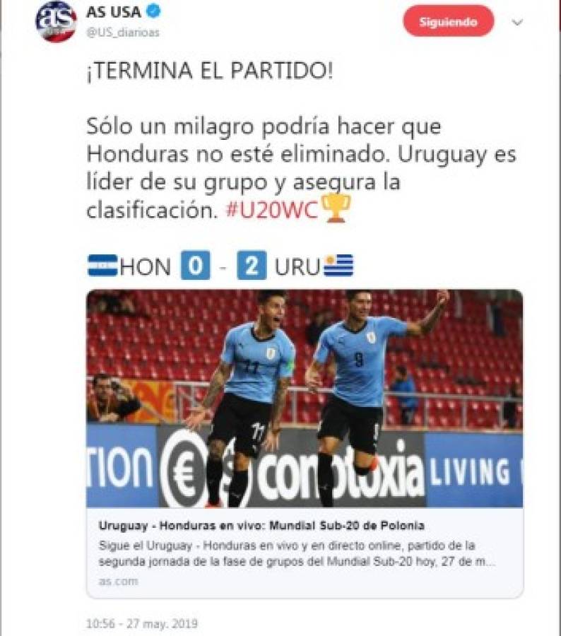 Lo que dicen los medios internacionales tras la derrota de Honduras ante Uruguay en Polonia 2019