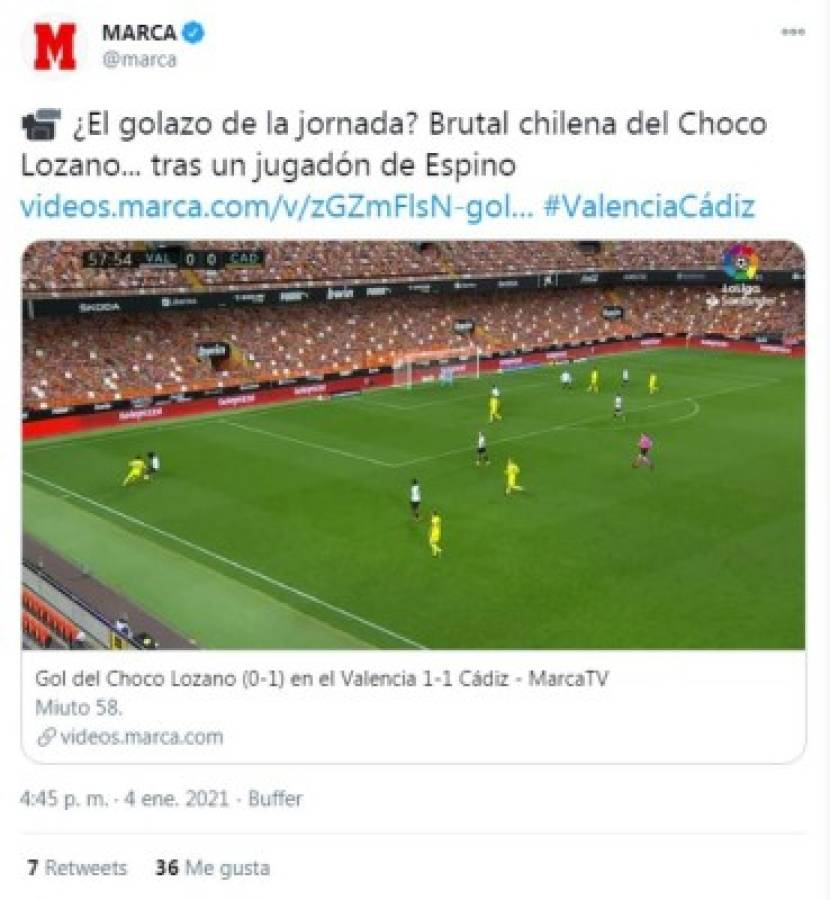 'Brutal chilena del Choco Lozano”: Lo que dice la prensa en España tras el gol del catracho