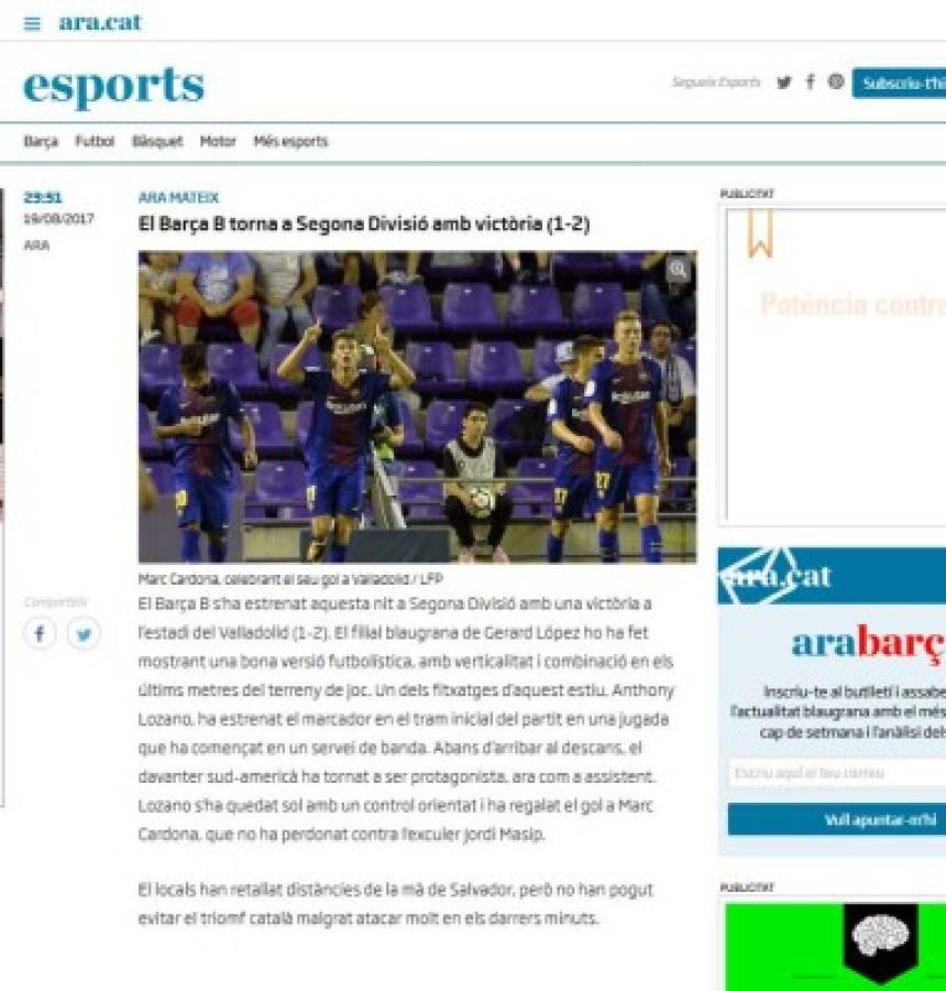 Prensa internacional destaca labor al Choco Lozano en debut del Barcelona B