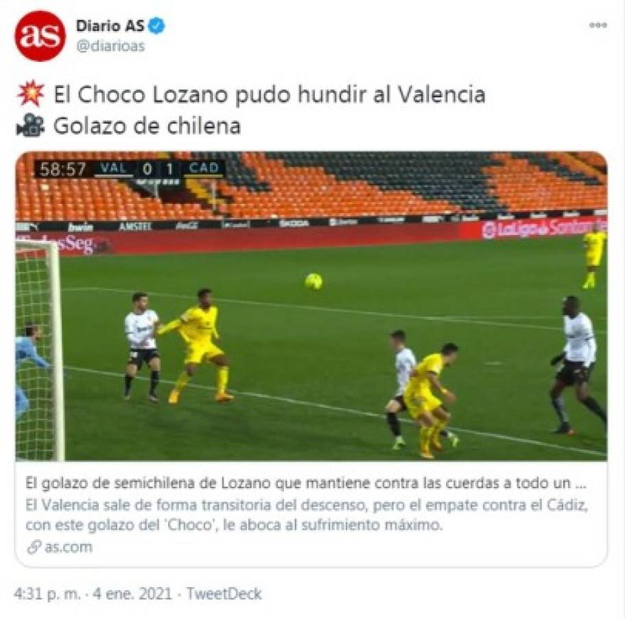 'Brutal chilena del Choco Lozano”: Lo que dice la prensa en España tras el gol del catracho