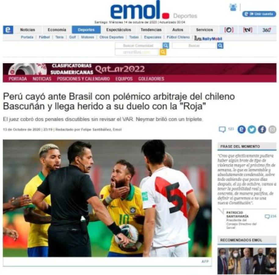 'Árbitro ratero y robo': Así reaccionó la prensa peruana tras del polémico partido ante Brasil    