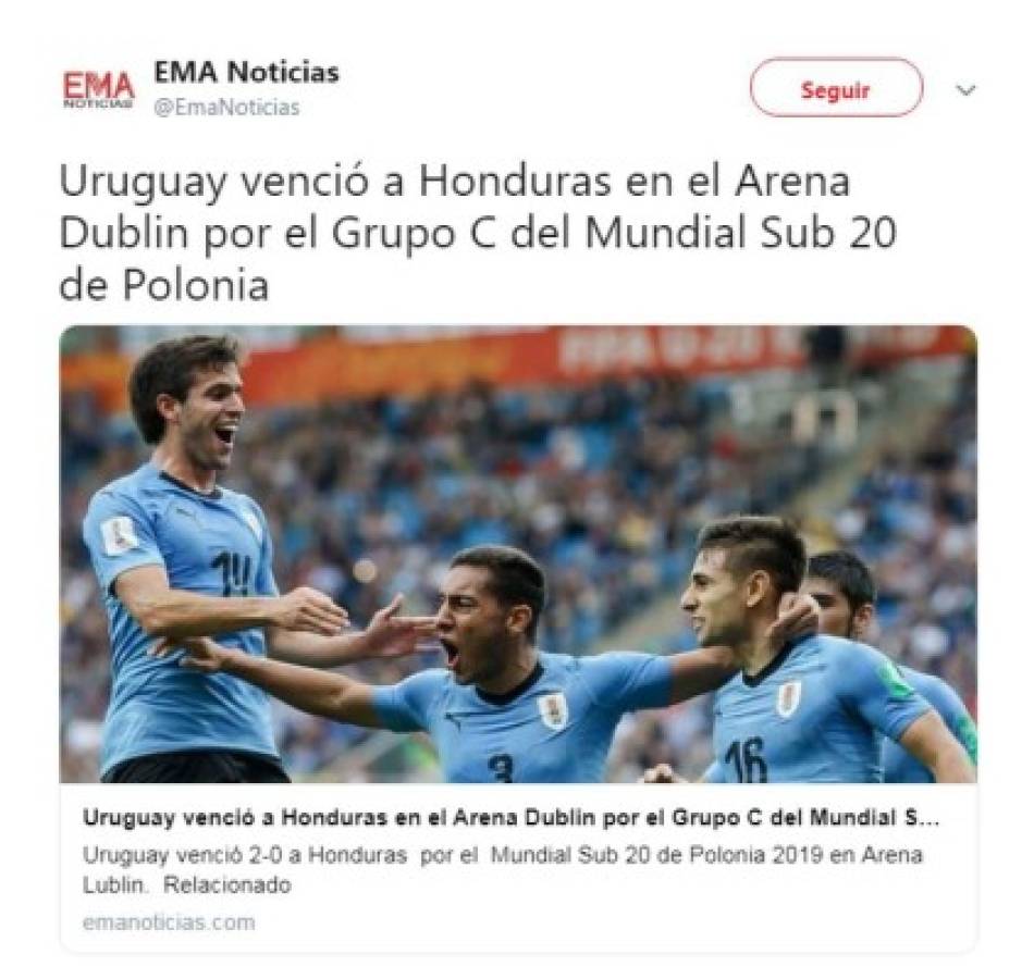 Lo que dicen los medios internacionales tras la derrota de Honduras ante Uruguay en Polonia 2019