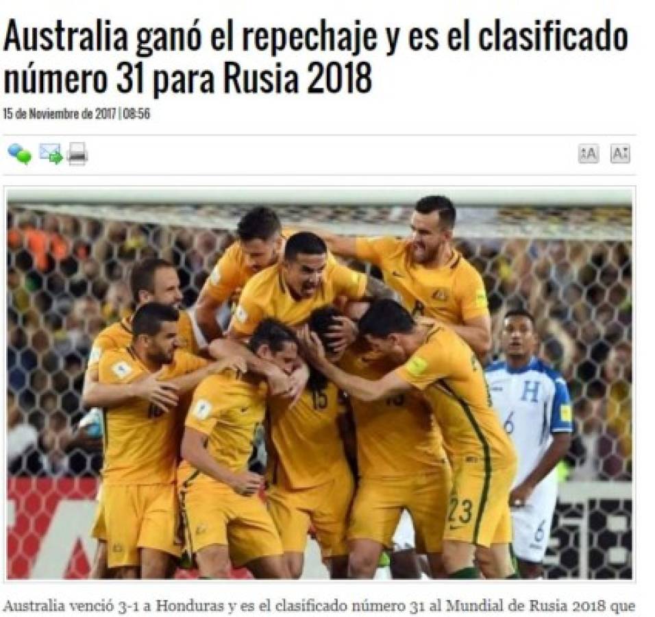 Prensa internacional resalta 'el fracaso' de Honduras y la goleada de Australia