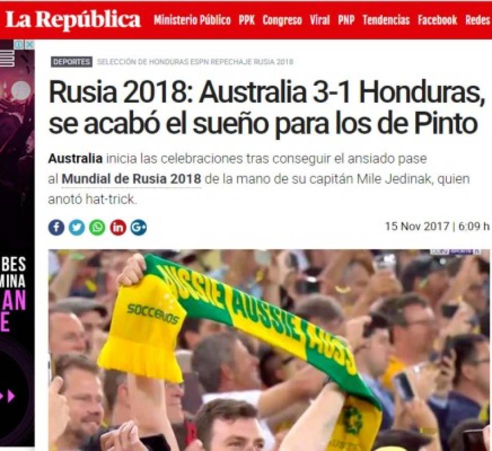 Prensa internacional resalta 'el fracaso' de Honduras y la goleada de Australia