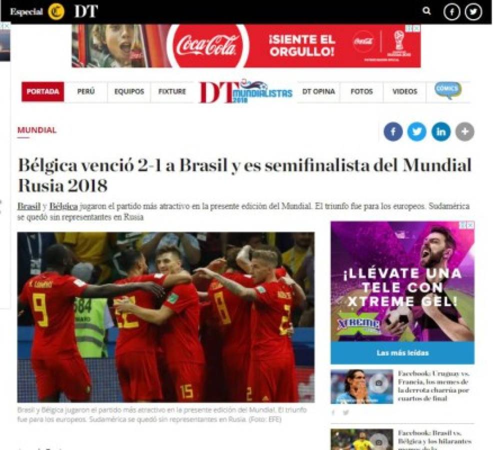 PORTADAS: Así titulan los medios argentinos el fracaso de Brasil ante Bélgica