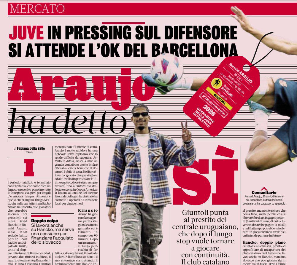 La Gazzetta dello Sport asegura que Araujo le dio el ‘sí’ a la Juventus.