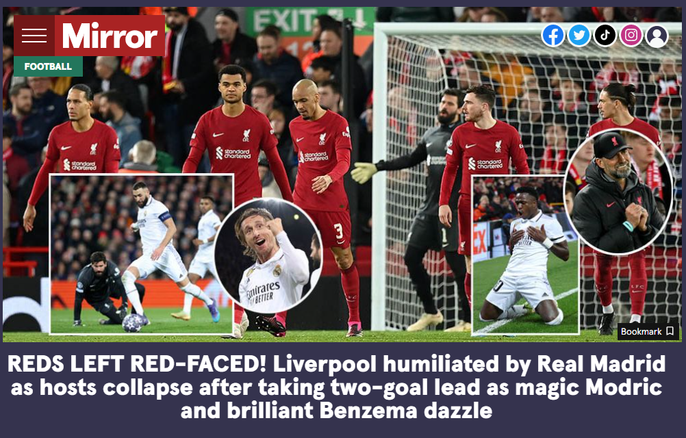 ¡En Inglaterra despedazan al Liverpool! Medios se rinden al supremo Real Madrid que goleó en Champions League