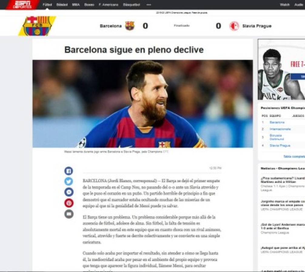 Prensa de España atiza contra Barcelona tras empate contra Slavia Praha en Champions