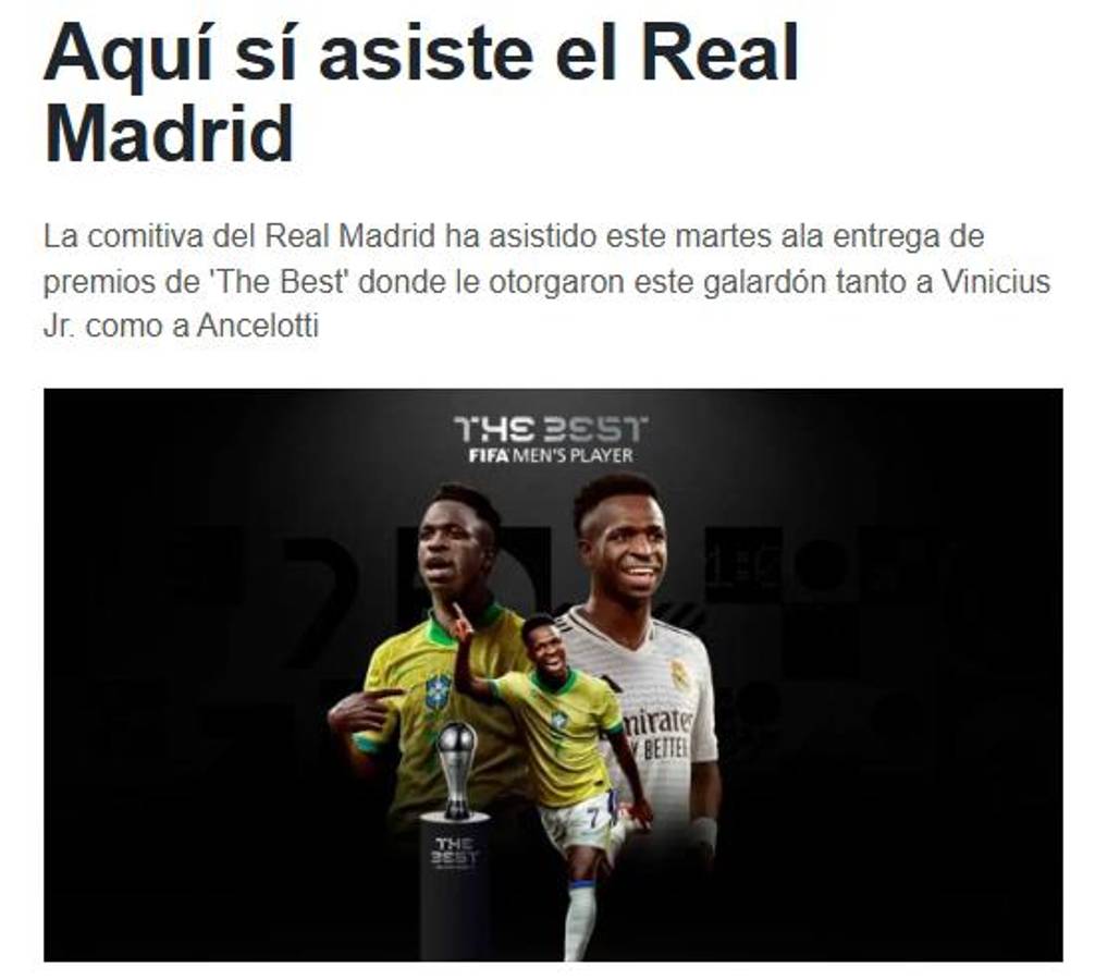 Vinicius ganó el premio The Best y la prensa reacciona: “Aquí sí asiste el Madrid; ya es mucho más grande que Neymar”