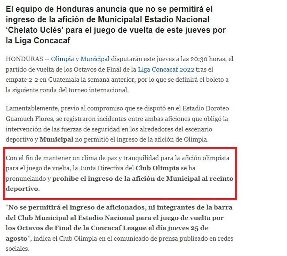 “Decisión acertada y lamentan lo sucedido”: La reacción de la prensa ante la prohibición de Olimpia a los aficionados de Municipal
