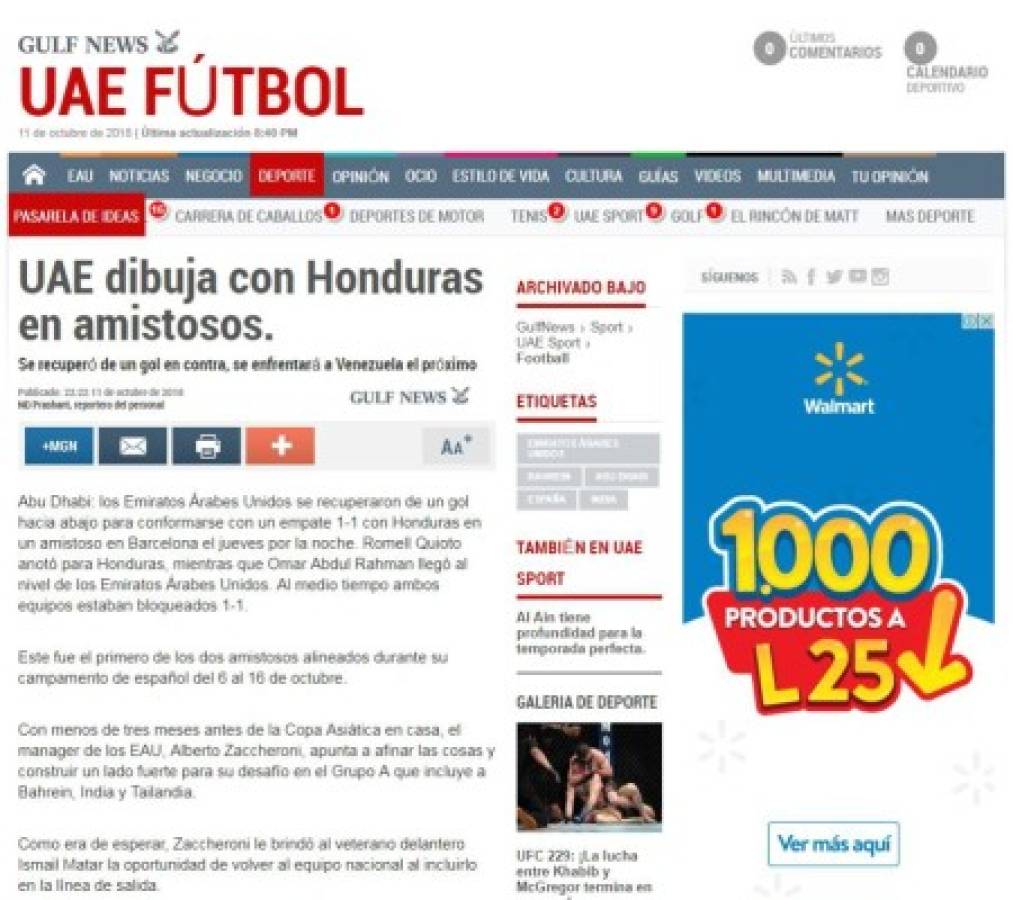 Esto dicen los medios internacionales del empate de Honduras ante Emiratos Árabes