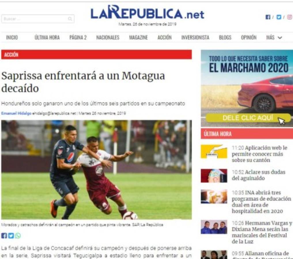 Prensa de Costa Rica: 'Saprissa se somete al infierno; enfrentará a un Motagua decaído'