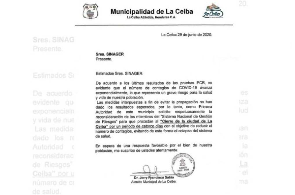 Alcalde Jerry Sabio propuso cierre parcial de La Ceiba para evitar alza en contagios por Covid-19