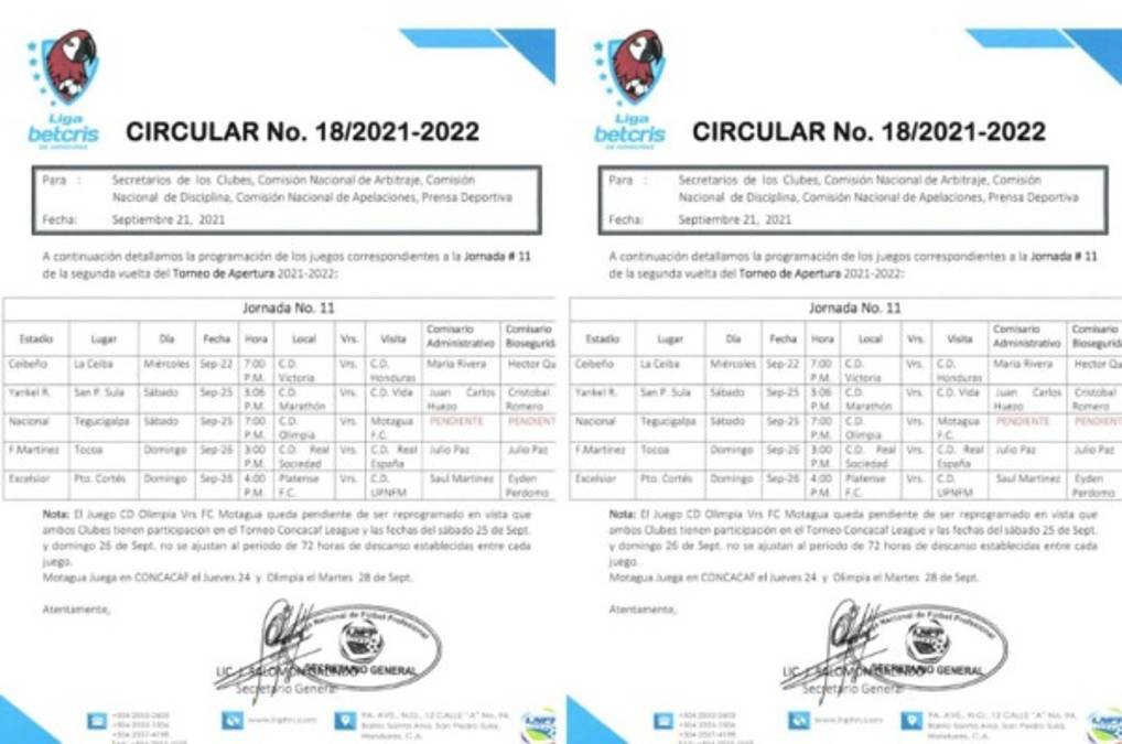 Liga Nacional oficializa suspensión del clásico Olimpia-Motagua: Así queda programada la jornada 11 en Honduras