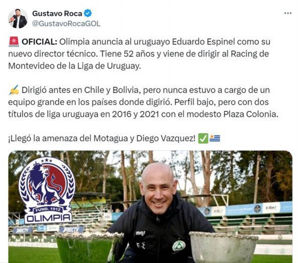 “Tiembla Motagua, Troglio le dejó la vara alta y no es perfil bomba”: prensa hondureña e internacional sobre el nombramiento de Eduardo Espinel como DT de Olimpia