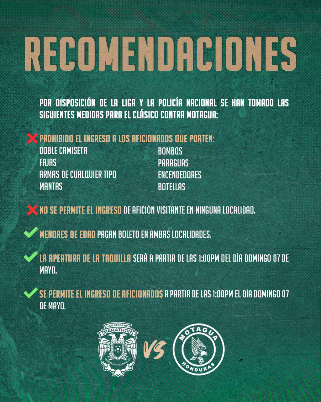 Las recomendaciones para la afición de cara al Marathón-Motagua de este domingo.