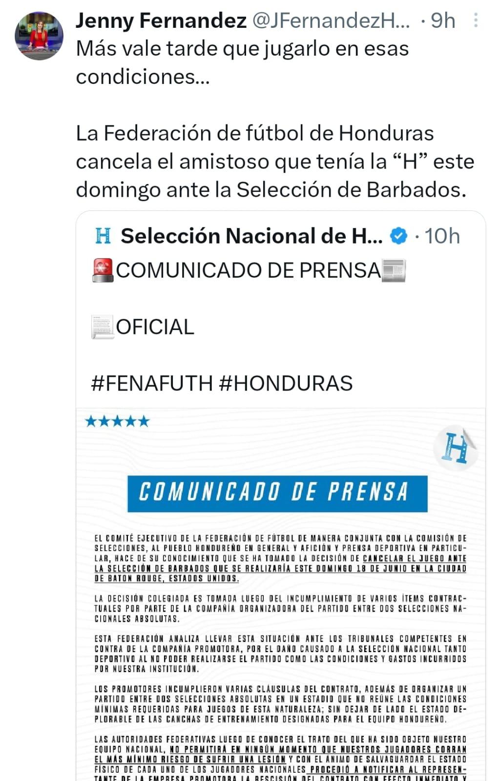 Prensa hondureña reacciona tras confirmarse la suspensión del partido amistoso entre Honduras vs Barbados