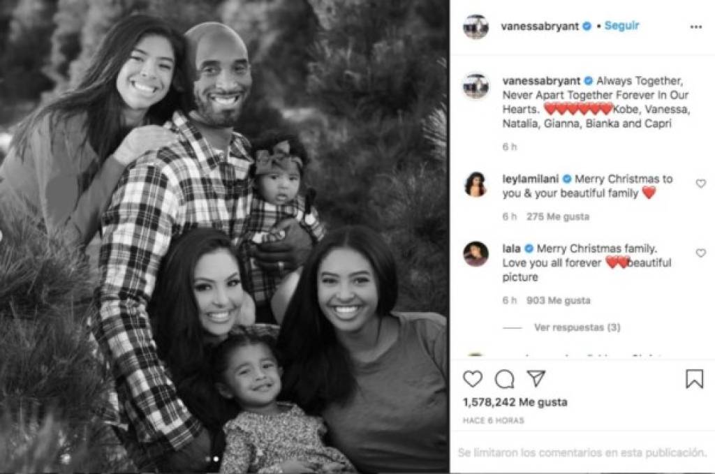 El conmovedor mensaje de Vanessa en su primera Navidad sin Kobe Bryant y su hija