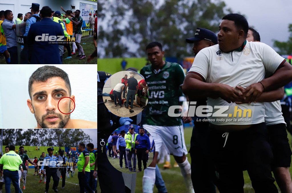 Las fotos que dejó el zafarrancho en el Olancho - Marathón: tendidos en el suelo, golpes en la cara y bruscos agarrones