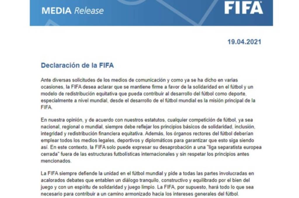 Duro comunicado: la FIFA responde luego de confirmarse el nacimiento de la Superliga europea