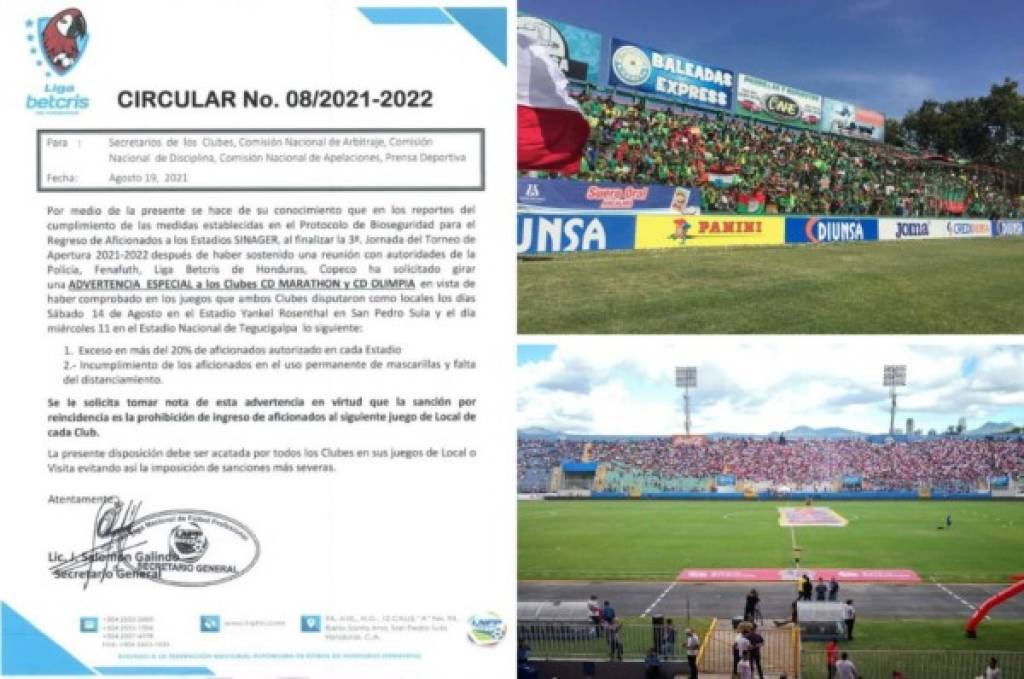 Comunicado: Liga Nacional hace dura advertencia a Olimpia y Marathón por exceso de público en los estadios  